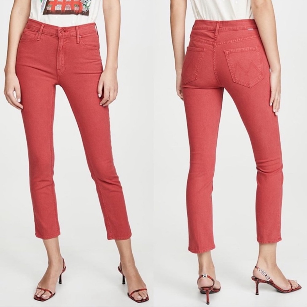 MOTHER Coral Red Cropped Skinny Jeans